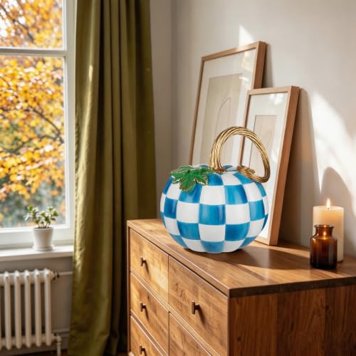 Blue White Checkered Large Decorative Pumpkin for Fall Decor - Variation of THIS listing