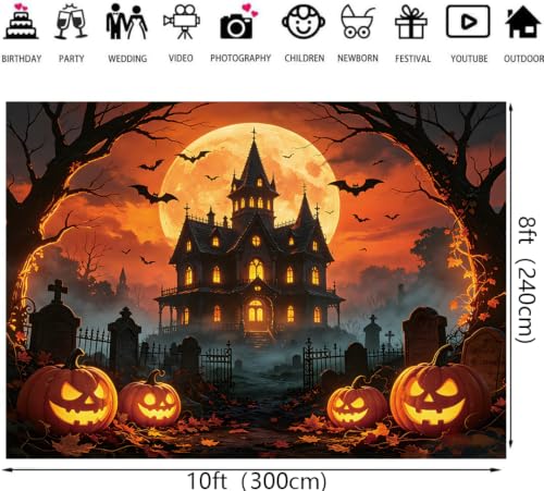Orange Full Moon Halloween Backdrop 10x8ft for Party Photo Booths - LTDKAEN