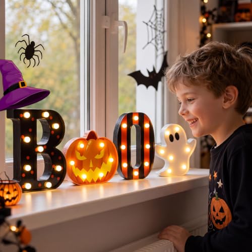Spooky Halloween LED Pumpkin Ghost Boo Light Sign - Plastic Decor