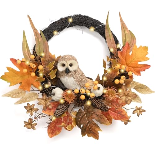 18-Inch Fall Wreath with Owl, Pumpkin & Lights - Rustic Autumn Decor
