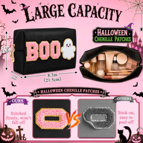 Halloween Makeup Bag Set - Black & Pink Cosmetic Pouches with Chenille BOO & Ghost Patches