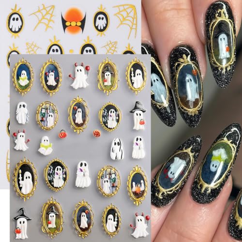 Halloween Ghost Nail Stickers Set - Gold Spider Web Design & Embossed Pumpkin, 4 Sheets with Variation - DIY Nail Art Decorations