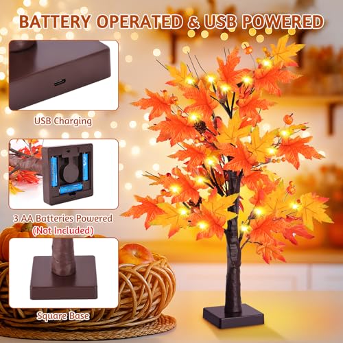 2 Pack 24-Inch Lighted Artificial Maple Trees with LEDs for Fall & Thanksgiving Decor