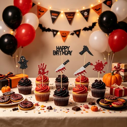 Red Blood Drip Killer Birthday Cupcake Toppers - 24 Glitter Halloween Cake Decorations