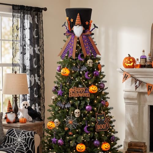 Halloween Tree Topper Hat - Gnome Pumpkin Ribbon Decoration, Foldable, 8.3x9 in