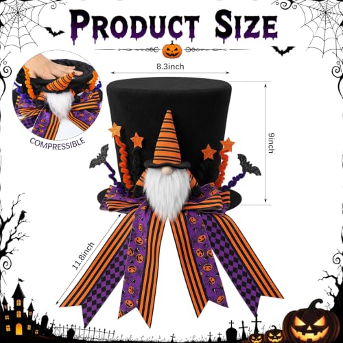 Halloween Tree Topper Hat - Gnome Pumpkin Ribbon Decoration, Foldable, 8.3x9 in