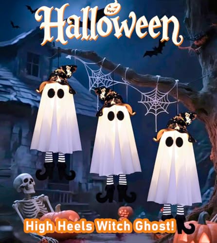 Halloween Hanging Ghost Decorations - Outdoor Spooky Ghosts with Glow-in-Dark Effects, 18 Inches, 2-Pack