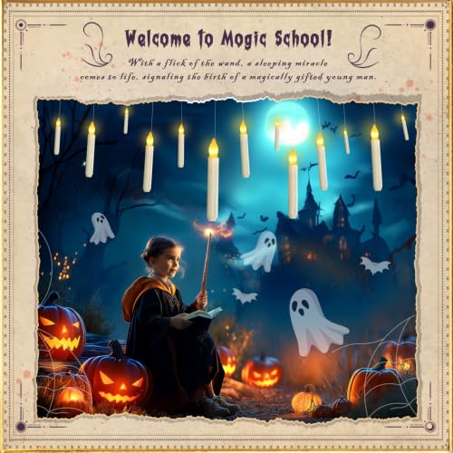 Floating Candle Set with Wand Remote - 12 Warm Yellow Flameless LED Candles - Witch Decor