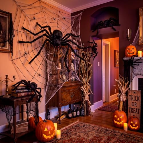 Halloween Giant Black Plush Spiders Set with Cobwebs and Small Plastic Spiders - Outdoor Yard Decorations