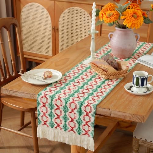 Christmas Boho Table Runner 12x72 Inches - Green Lantern Holiday Decor