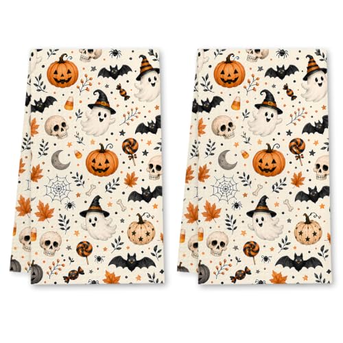 Halloween Kitchen Towels Set - Spooky Cream Dish Hand Towels, 2 Pack, Variation Towel37