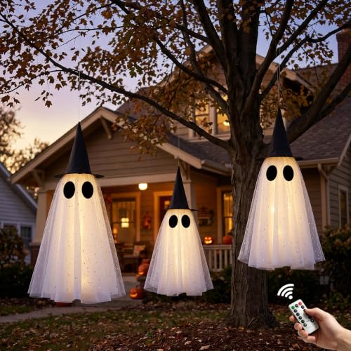 Halloween Hanging Ghost Decorations Set - 17.7/21.6/25.6 Inch Outdoor Ghosts with Witch Hat & Glowing Lights