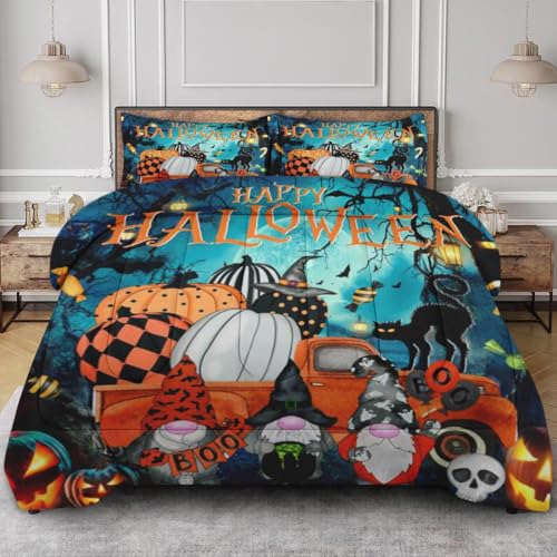 Queen Comforter Set of 3 with Halloween Gnome Pumpkin - Bedroom Decor