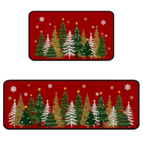 Christmas Tree Kitchen Rug Set - Red Non-Slip Xmas Floor Mats with Variation