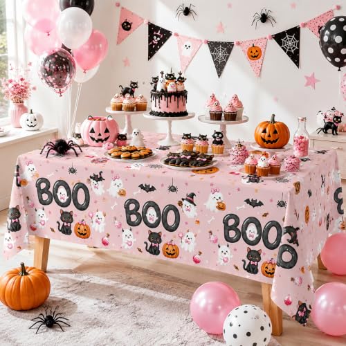 Halloween Pink Tablecloth Set - 3 Pack Spooky Ghost Pumpkin Black Cat Decorations