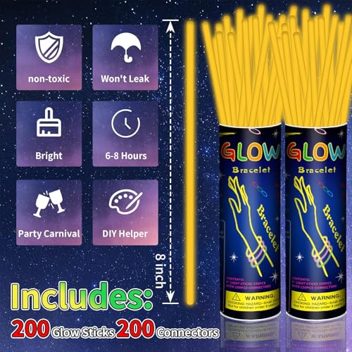Orange Glow Sticks Bulk Pack 8" Party Favors with Connectors 200 Pcs