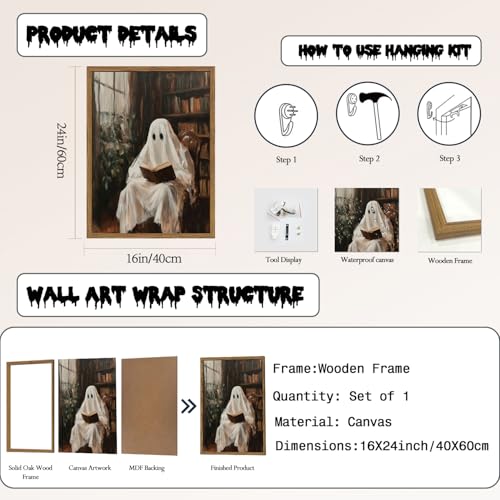 Halloween Ghost Wall Art - Framed Reading Book Canvas, Gothic Moody Library Scene, 24x16 Inches - Variation: Library Ghost