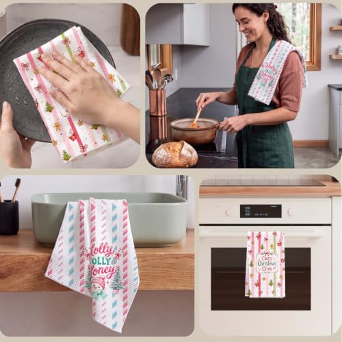 Christmas Snowman Kitchen Towels - Whimsical Pink Holiday Dish Cloths, 2 Pack