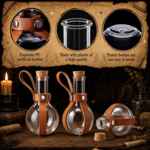 20 Pack 3oz Plastic Potion Bottles with Leather Cases & Corks - Medieval Theme