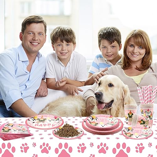 Dog Party Decorations Set for Puppy Birthday - Pink Paw & Puppy Theme Supplies, Serves 40