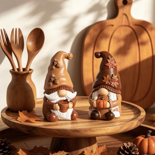 Fall Gnomes Set of 2 Resin Decorations - Brown & White Autumn Table Centerpieces