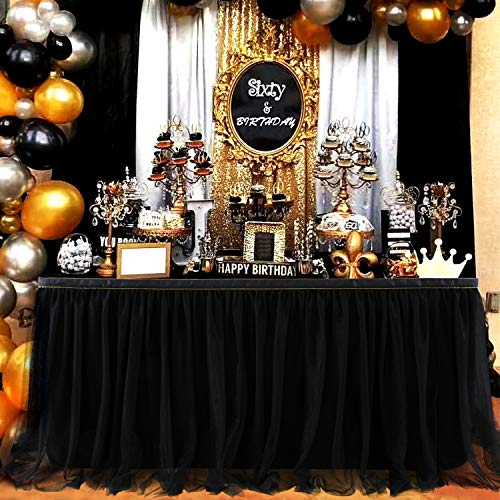 9ft Black Tulle Table Skirt with Gold Trim for Party Wedding Baby Shower