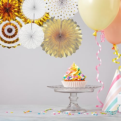 Hanging Paper Fans Party Decor Set 6Pcs Gold White Round Pattern for Events & Celebrations