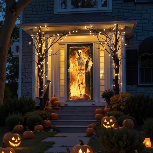 Large Halloween Skeleton Door Cover with Fire Escape - Indoor Outdoor Haunted House Decor