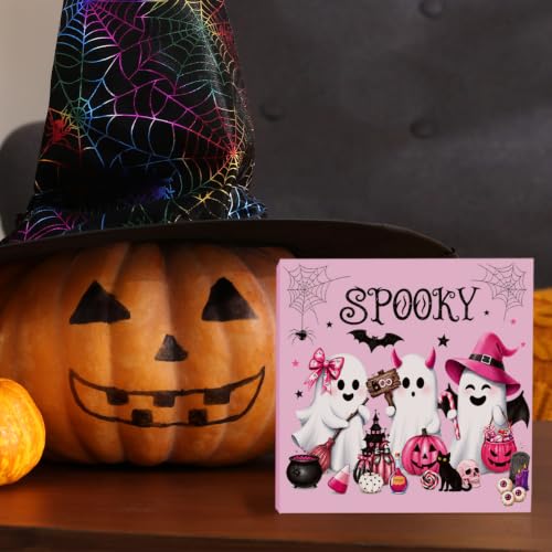 Halloween Ghost Sign Decor - Wooden Desk Shelf Plaque for Home & Office