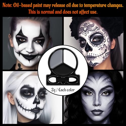 Black White Grey Face & Body Paint Kit with Applicator - Skeleton Halloween Makeup - Travel Size