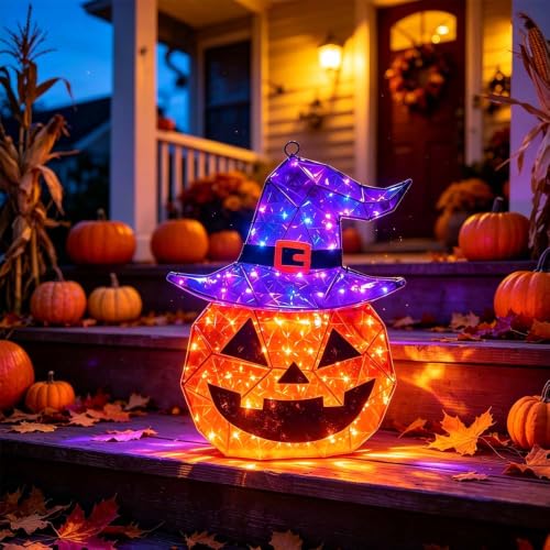 Outdoor Light Up Pumpkin with Witch Hat & 85 LEDs - 24 Inch Halloween Decor