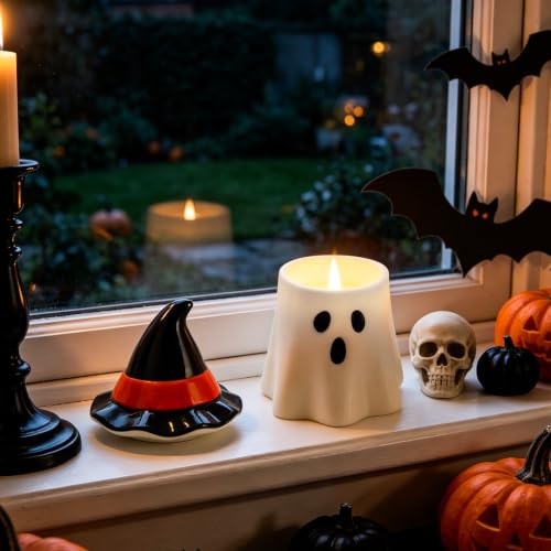 Ghost Jar Candle with Witch Hat - Halloween Decor, Soy Wax, Reusable Ceramic