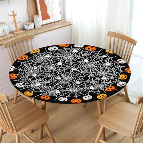 Halloween Round Fitted Tablecloth with Elastic Edge Water-Resistant Black Spider Web Ghost Pumpkin 44 Inch
