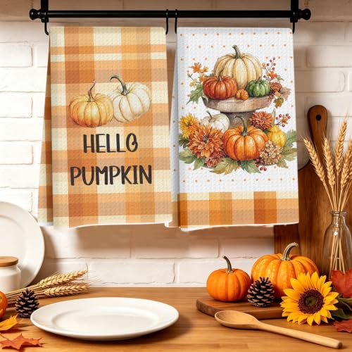 Fall Kitchen Towels Set of 2 - 14x24 Inch Pumpkin & Fall Decor, Includes Funny Everything Is Fine Sign Variation