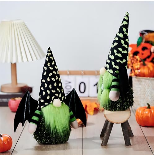 Halloween Bat Wing Gnome Decorations - Set of 2, Green Plush Gnomes with Black Hats - Handmade Holiday Home Decor - Bat Wing Variation
