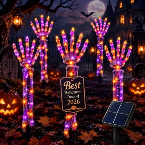 Solar Powered Halloween Skeleton Hand Pathway Lights - Purple & Orange 5 Pack Outdoor Yard Decor