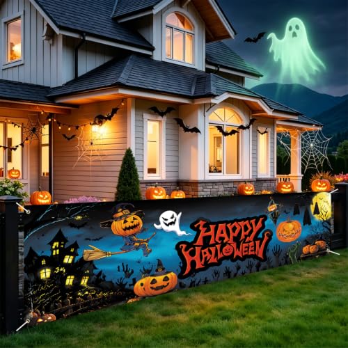 Halloween Fence Banner 118x35 Inch - Outdoor Waterproof Yard Decoration with Ghosts & Pumpkins - 10x3FT Variation 283-1