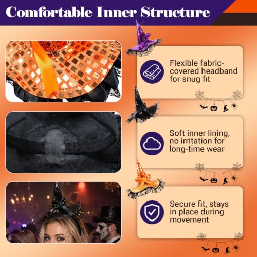 Halloween Sequin Witch Hat Headband Set with Lights - Festive Hair Accessories 3 Pcs