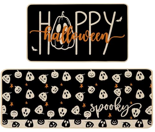 Halloween Pumpkin Kitchen Rugs Set of 2 - Spooky Pumpkins, 17x29 & 17x47 Inches
