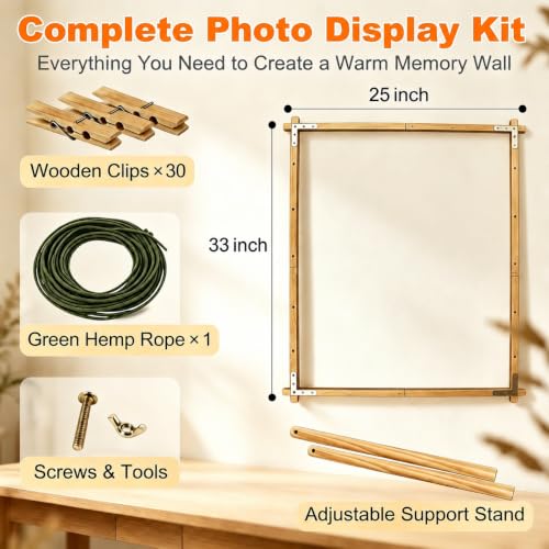 Wood Photo Display Board with Clips - Freestanding Collage Frame for Wedding Graduation Holiday