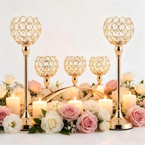 Gold Crystal Candle Holders Set of 3 - 4-inch Crystal Ball Centerpieces with Variation 8.3