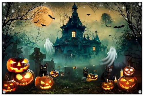 Halloween Party Banner 10x8ft Blue Polyester Spooky Backdrop Decorations for Photoshoot