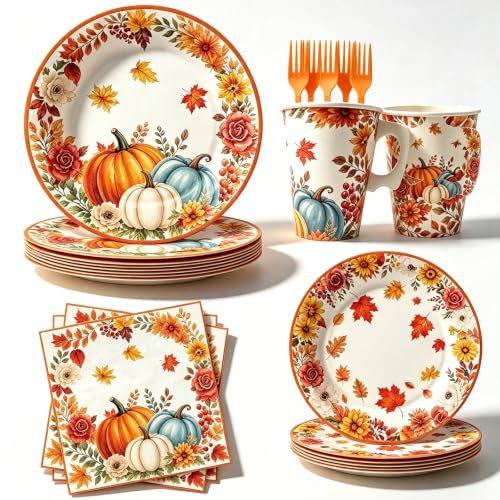 Fall Autumn Disposable Dinnerware Set for 24 Guests - Plates, Napkins & Utensils