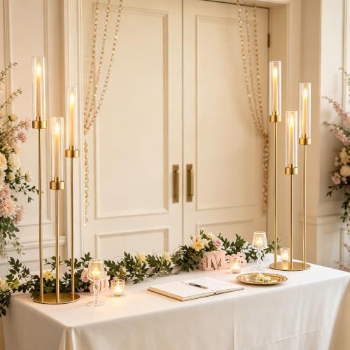 Gold 34in 2-Pack 3-Arm Wedding Centerpieces with LED Candles - Vincidern