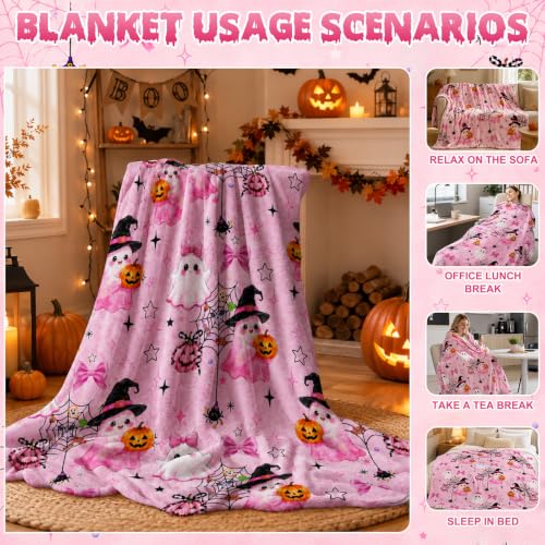 Pink Halloween Throw Blanket - Cute Ghost Pumpkin Pastel Decor 59x47in