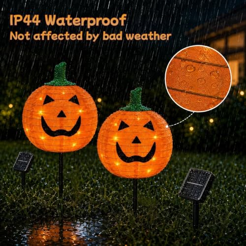 2 Pack Solar Halloween Pumpkin Stake Lights with 8 Modes - Fabric Lantern Yard Decor, Foldable Garden Lights for Lawn Patio Pathway & Party, Variation 2