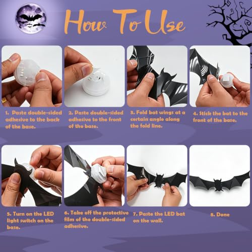 36 Pack LED Glowing Halloween Bat Wall Decorations - 3D Flying Window Decals, Green Lights