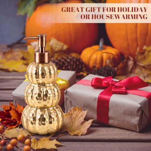Gold Pumpkin Soap Dispenser - Fall Ceramic Bathroom Decor, Refillable 8.27in