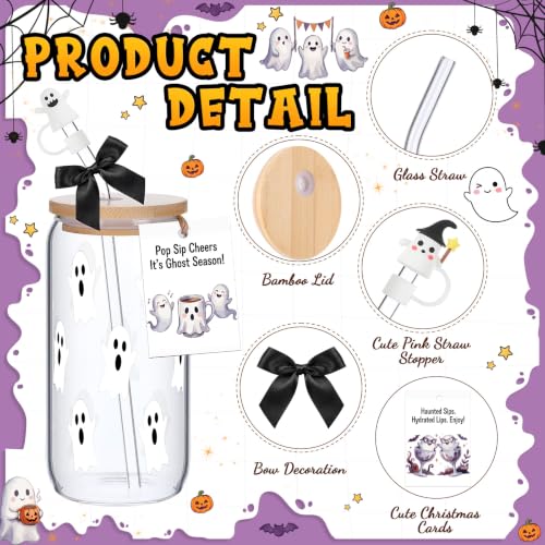 Halloween Ghost Glass Cups 16 oz Set with Lid Straw & Stopper - 6 Styles