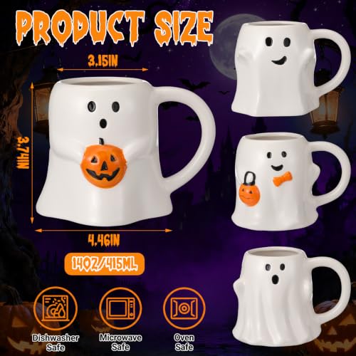 Halloween Ghost Coffee Mug Set - 14 oz Ceramic Stackable Cute Ghosts & Pumpkins - 4 Pack